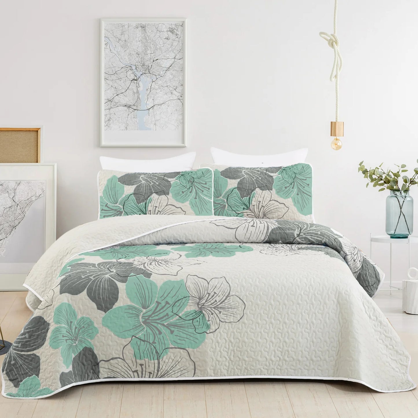 Pattern Floral Quilt Boho Style Bedding Set 3 Pieces, Bohemian Quilted Bedspread With 2 Pillow Shams