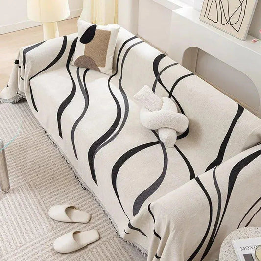 2 Chenille Line Pattern Throw Blanket with Tassel │ Simple Nordic Jacquard Reversible Double Sided Sofa Cover