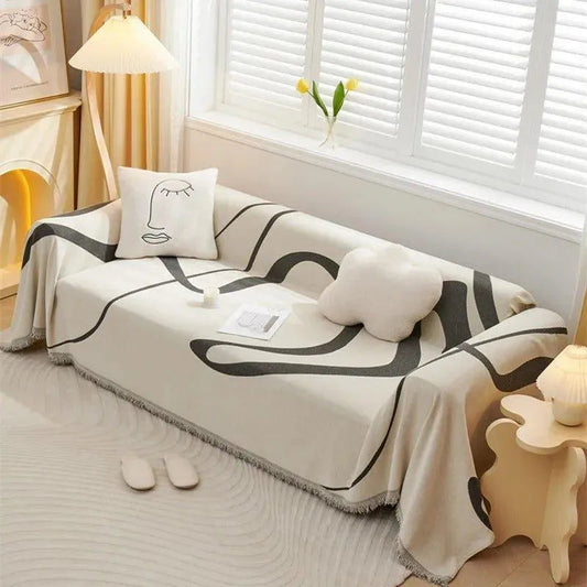 4 Chenille Line Pattern Throw Blanket with Tassel │ Simple Nordic Jacquard Reversible Double Sided Sofa Cover