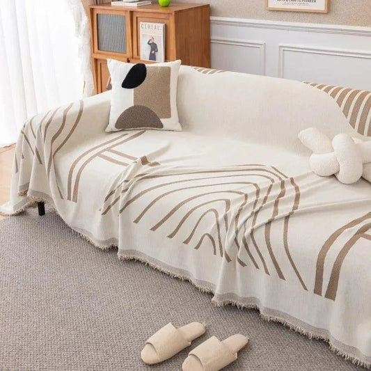8 Chenille Line Pattern Throw Blanket with Tassel │ Simple Nordic Jacquard Reversible Double Sided Sofa Cover