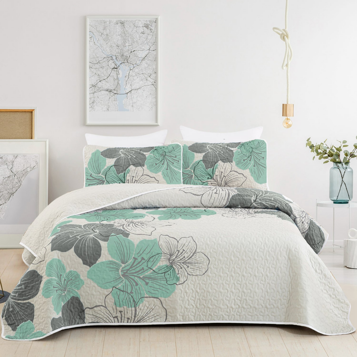 Pattern Floral Quilt Boho Style Bedding Set 3 Pieces, Bohemian Quilted Bedspread With 2 Pillow Shams