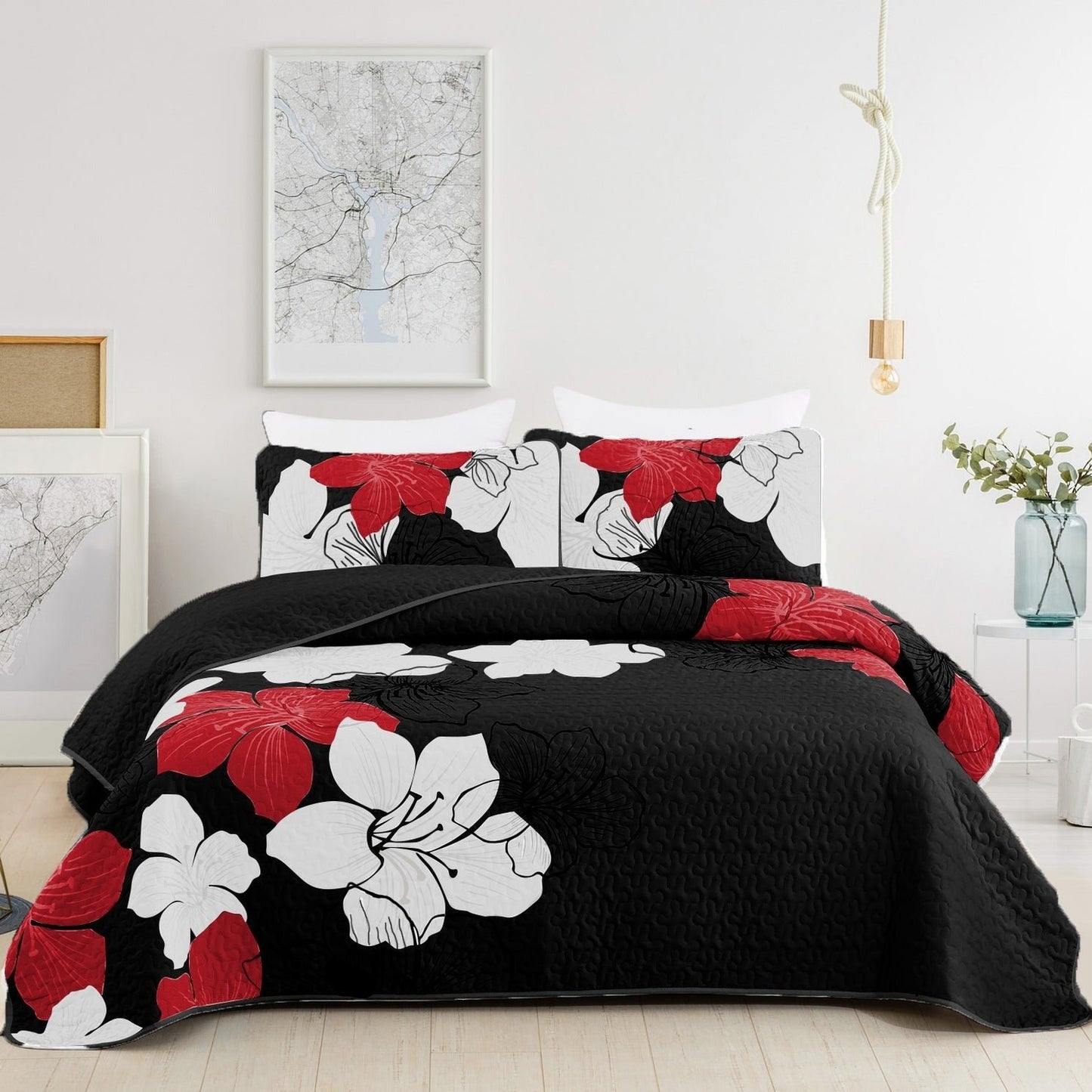 Pattern Floral Quilt Boho Style Bedding Set 3 Pieces, Bohemian Quilted Bedspread With 2 Pillow Shams