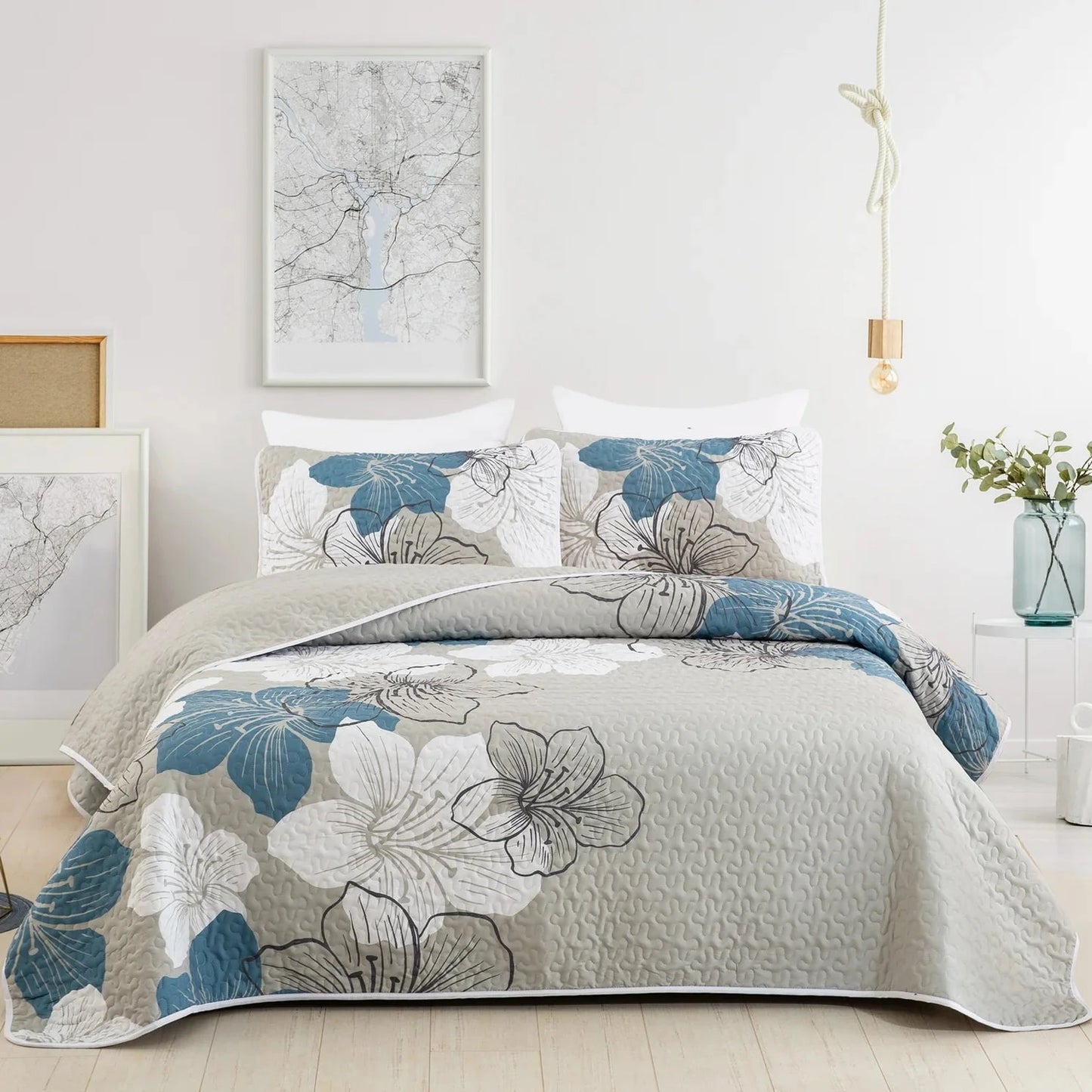 Pattern Floral Quilt Boho Style Bedding Set 3 Pieces, Bohemian Quilted Bedspread With 2 Pillow Shams