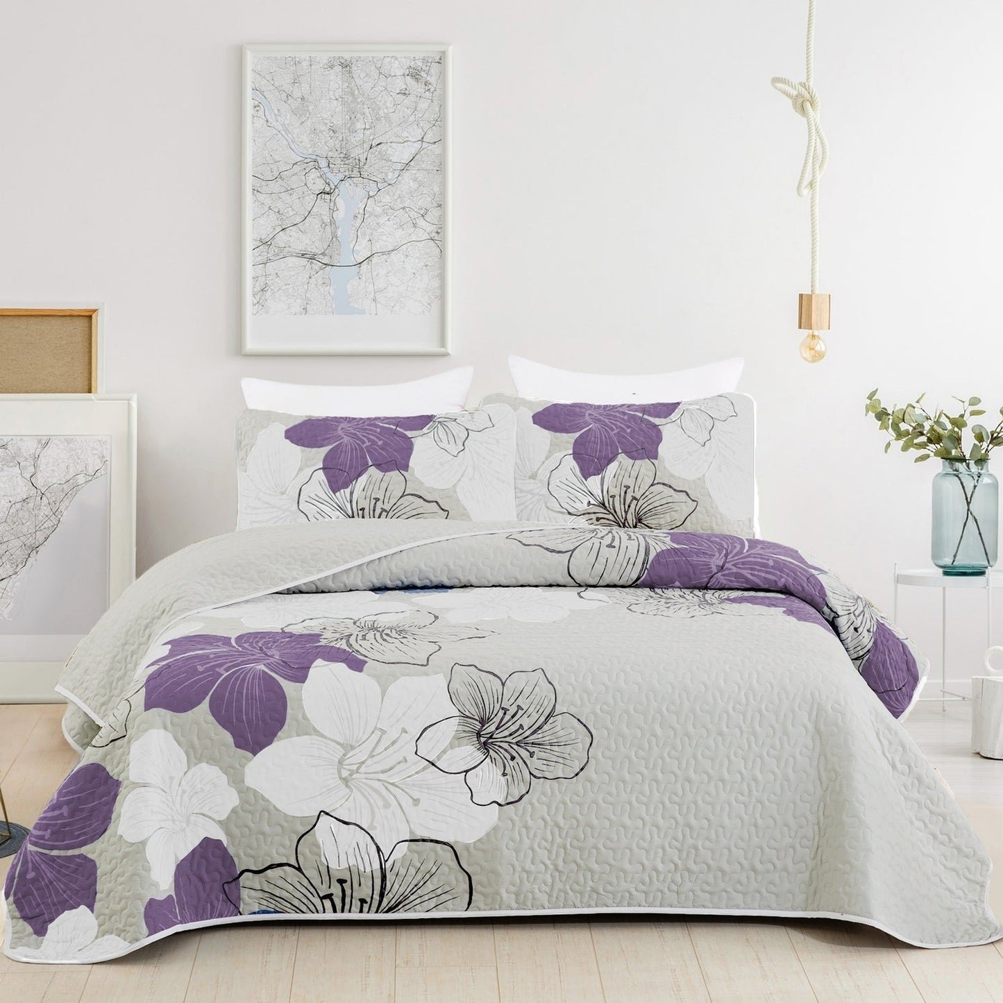 Pattern Floral Quilt Boho Style Bedding Set 3 Pieces, Bohemian Quilted Bedspread With 2 Pillow Shams