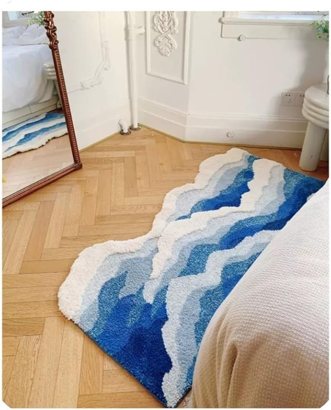 Aesthetic Wave Rug, Coastal Beach Nautical Rug Decor, Living Room Rugs, Bathroom Rugs, Bedroom Rugs, Ocean Doormat, Non-Slip Soft Plush Shaggy Rugs