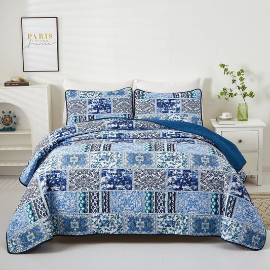 Pure Cotton Navy Blue Classic Bohemian Reversible Patchwork Quilt Sets 3 Pieces Coverlet Bedding Set With 2 Pillowcases