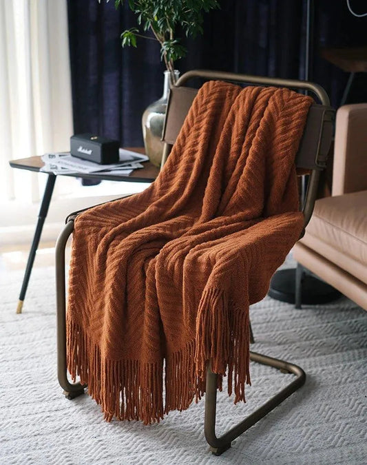 Boon Knitted Zig-Zag Textured Tweed Throw Blankets with Tassels