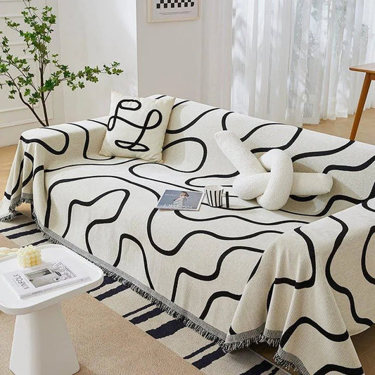 Chenille Line Pattern Throw Blanket with Tassel │ Simple Nordic Jacquard Reversible Double Sided Sofa Cover