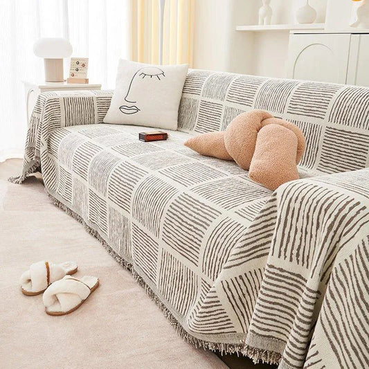 Chenille Striped Pattern Throw Blanket with Tassel │ Nordic Jacquard Reversible Anti-cat Scratch Protection Sofa Cover