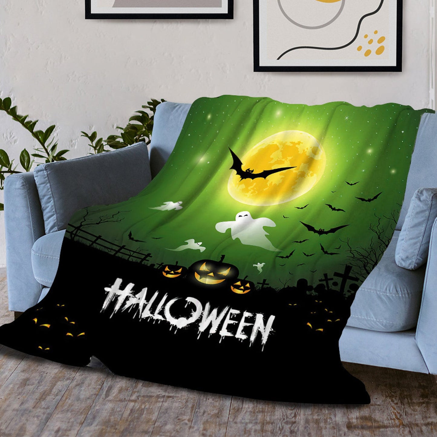 Halloween Blanket, Pumpkin Blanket, Bat Blanket, Spider Blanket, Halloween Home Decor, Green Black Blanket Gift