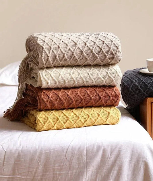 Neutral Knitted Throw Blanket with Tassel │ Nordic Style Plaid Bedspread