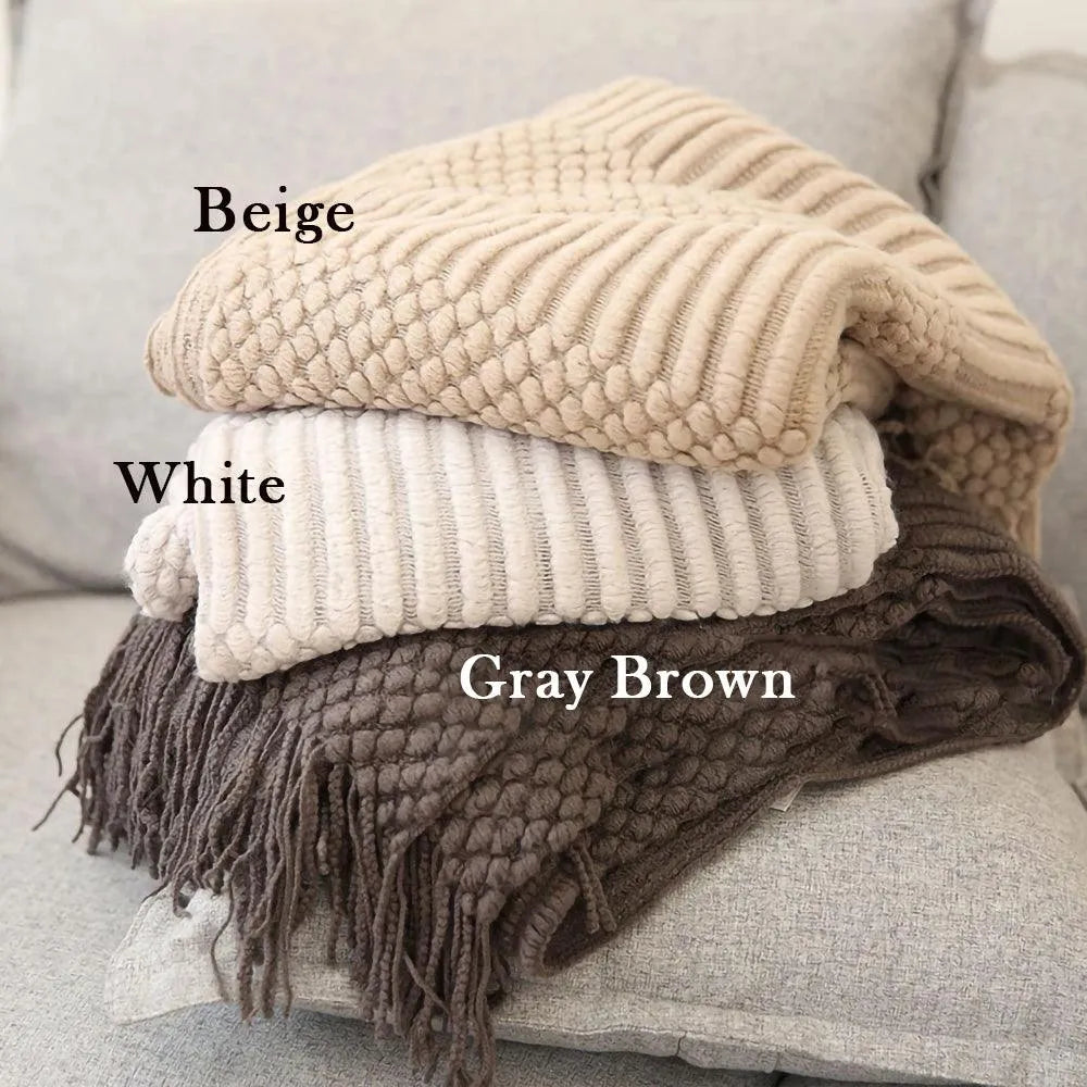 Simple Nordic Throw Blanket with Tassel │ Neutral Color Woven Blankets Bedspread