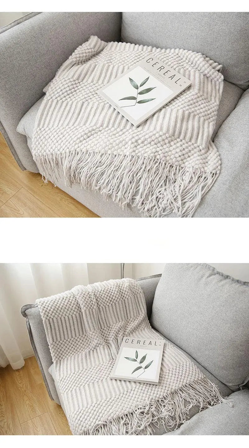 Simple Nordic Throw Blanket with Tassel │ Neutral Color Woven Blankets Bedspread