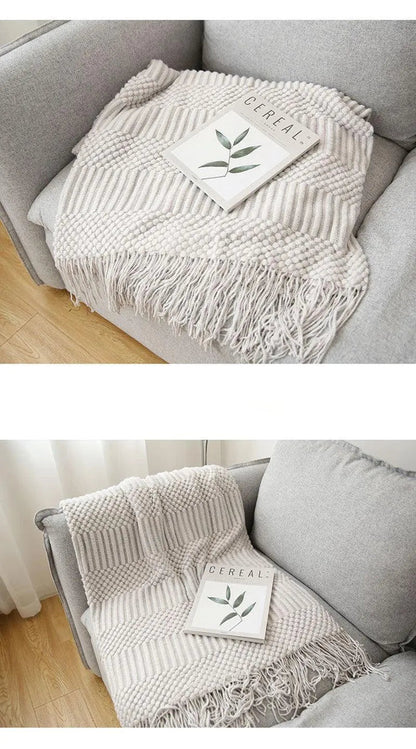 Simple Nordic Throw Blanket with Tassel │ Neutral Color Woven Blankets Bedspread