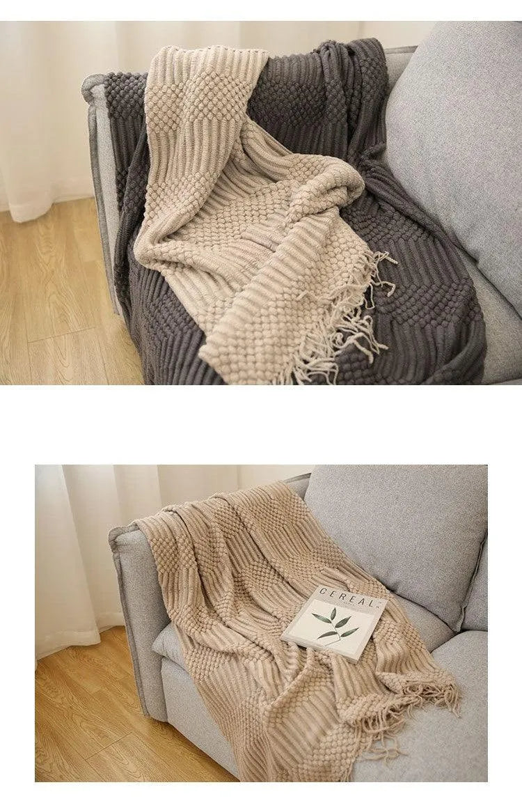 Simple Nordic Throw Blanket with Tassel │ Neutral Color Woven Blankets Bedspread