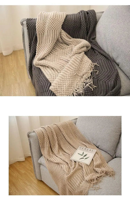 Simple Nordic Throw Blanket with Tassel │ Neutral Color Woven Blankets Bedspread