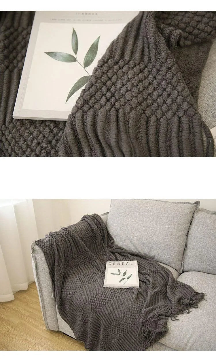 Simple Nordic Throw Blanket with Tassel │ Neutral Color Woven Blankets Bedspread